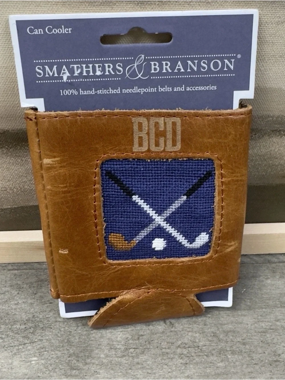 Mark & Graham Smathers & Branson Leather Needlepoint Can Cooler Clubs Scuffs